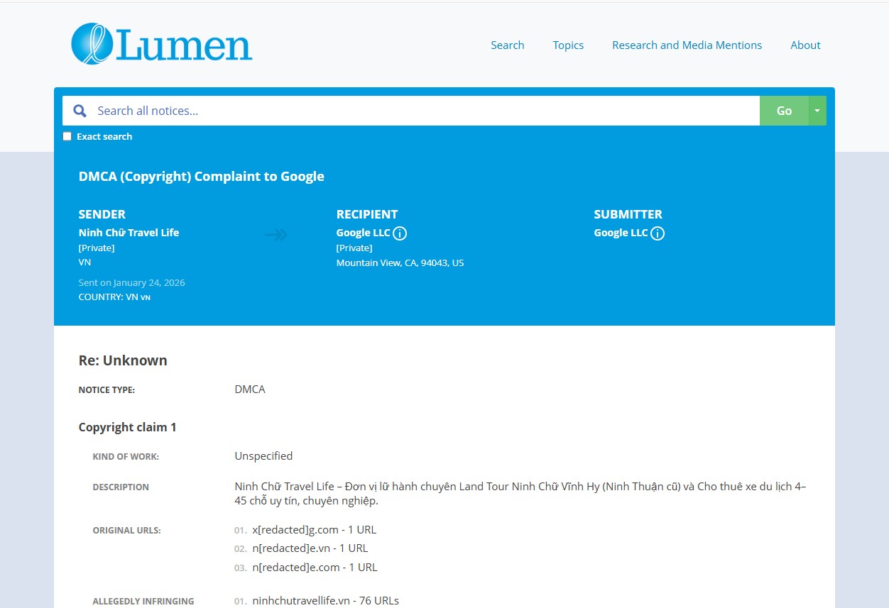 báo cáo dmca làm website không thể hiển thị trên google tìm kiếm